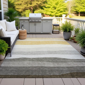 HomeRoots 9' Stylish Pewter Gold & Ivory Striped Washable Area Rug for Indoor/Outdoor Use - Durable & Easy Care 629417