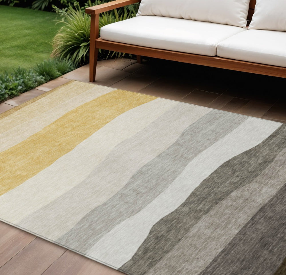 HomeRoots 10' Stylish Pewter Gold Ivory Striped Washable Area Rug - Indoor/Outdoor, Durable & Easy Care! 629418