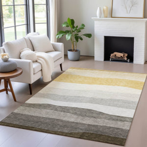 HomeRoots 10' Stylish Pewter Gold Ivory Striped Washable Area Rug - Indoor/Outdoor, Durable & Easy Care! 629418
