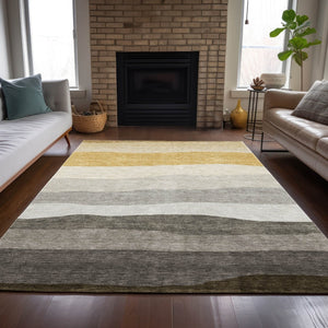 HomeRoots 10' Stylish Pewter Gold Ivory Striped Washable Area Rug - Indoor/Outdoor, Durable & Easy Care! 629418