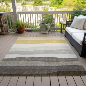 HomeRoots 10' Stylish Pewter Gold Ivory Striped Washable Area Rug - Indoor/Outdoor, Durable & Easy Care! 629418