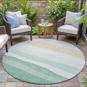 HomeRoots 8' Teal Blue Green Ivory Round Striped Rug - Stylish, Durable, and Washable for Indoor & Outdoor Use 629421