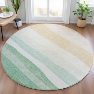 HomeRoots 8' Teal Blue Green Ivory Round Striped Rug - Stylish, Durable, and Washable for Indoor & Outdoor Use 629421