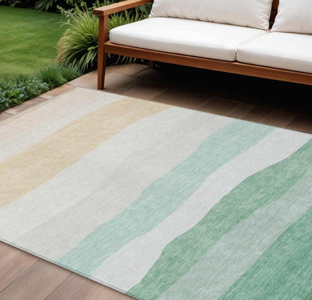 HomeRoots 9' X 12' Striped Teal Blue Green Ivory Area Rug - Washable, Durable for Indoor & Outdoor Spaces! 629423