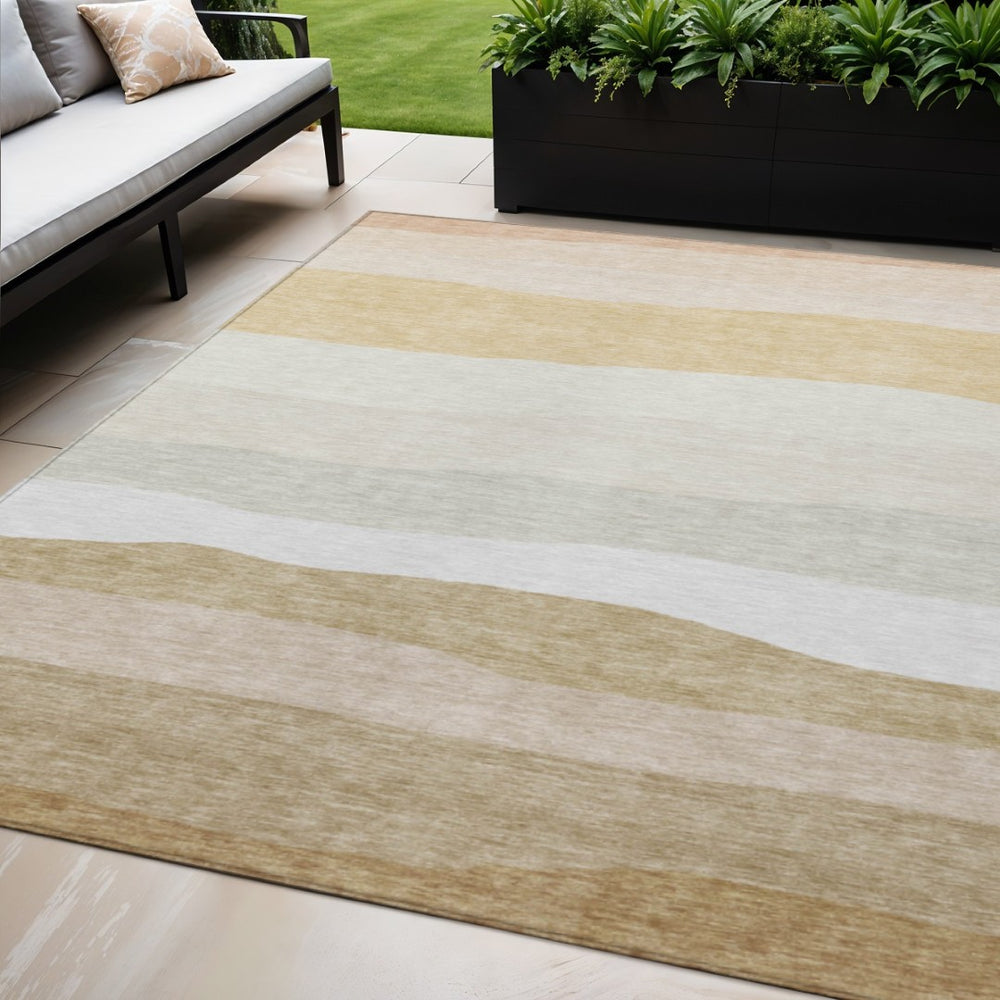 HomeRoots 5' Wheat Gold & Beige Striped Washable Area Rug – Durable Indoor/Outdoor Comfort for Any Space 629426