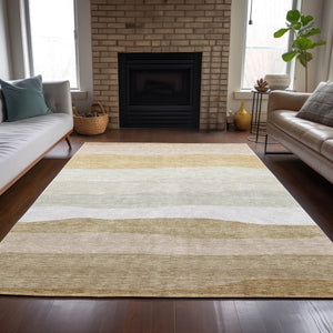 HomeRoots 5' Wheat Gold & Beige Striped Washable Area Rug – Durable Indoor/Outdoor Comfort for Any Space 629426