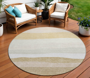 HomeRoots 8' Wheat Gold and Beige Round Striped Washable Area Rug for Indoor & Outdoor Durability and Style 629427