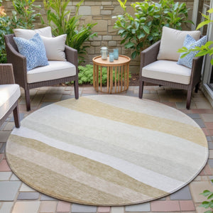 HomeRoots 8' Wheat Gold and Beige Round Striped Washable Area Rug for Indoor & Outdoor Durability and Style 629427