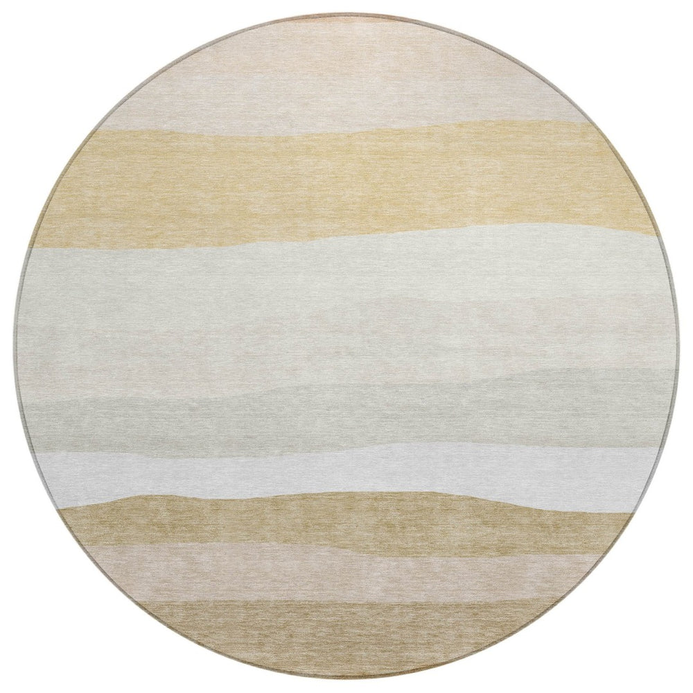 HomeRoots 8' Wheat Gold and Beige Round Striped Washable Area Rug for Indoor & Outdoor Durability and Style 629427
