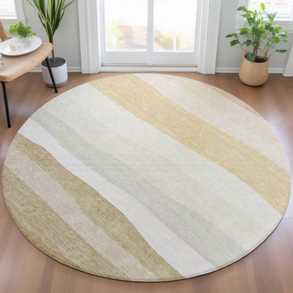 HomeRoots 8' Wheat Gold and Beige Round Striped Washable Area Rug for Indoor & Outdoor Durability and Style 629427