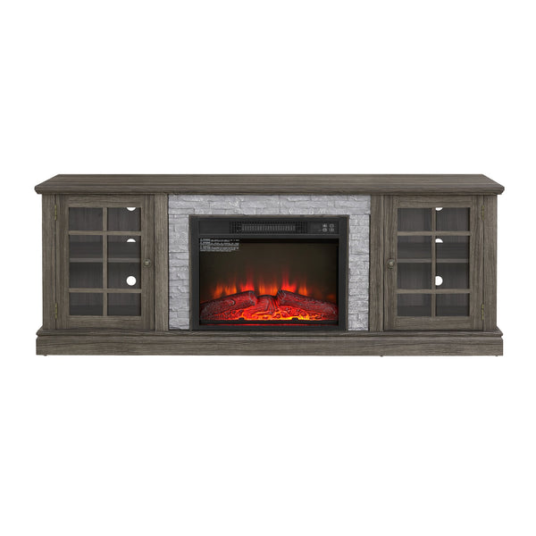 English Elm 70" Modern TV Stand with 23" Electric Fireplace, Faux Stone Mantel, Ample Storage & Cable Management Grey W2275S00024
