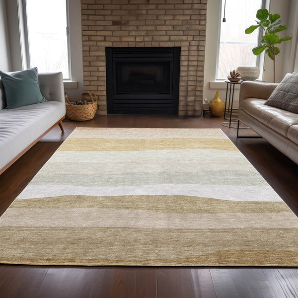 HomeRoots 10' Wheat Gold & Beige Striped Area Rug – Washable Indoor/Outdoor Carpet for High-Traffic Spaces 629430
