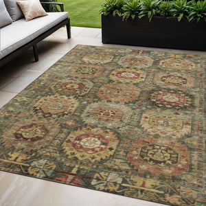 HomeRoots 5' Artichoke Green Medallion Area Rug - Washable, Durable Indoor/Outdoor Design for High Traffic Spaces 629432