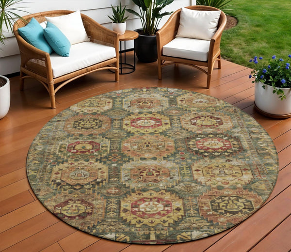 HomeRoots 8' Elegant Artichoke Green and Gold Round Medallion Rug - Washable for Indoor & Outdoor Use! 629433