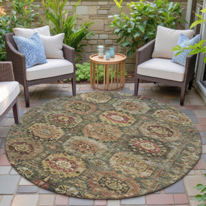 HomeRoots 8' Elegant Artichoke Green and Gold Round Medallion Rug - Washable for Indoor & Outdoor Use! 629433