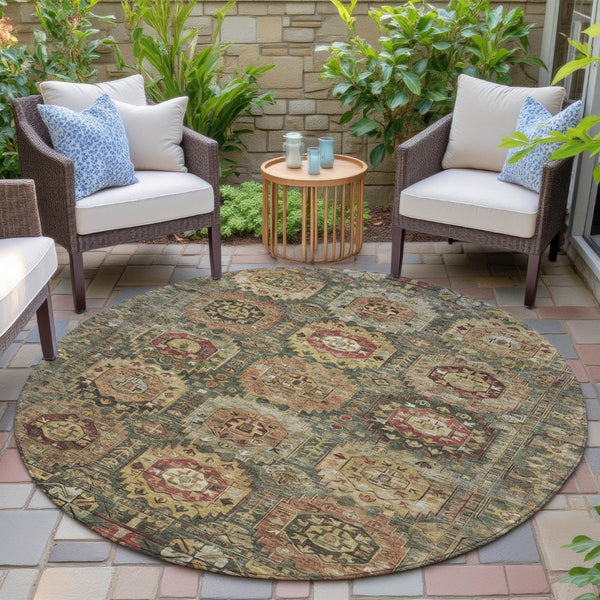 HomeRoots 8' Elegant Artichoke Green and Gold Round Medallion Rug - Washable for Indoor & Outdoor Use! 629433