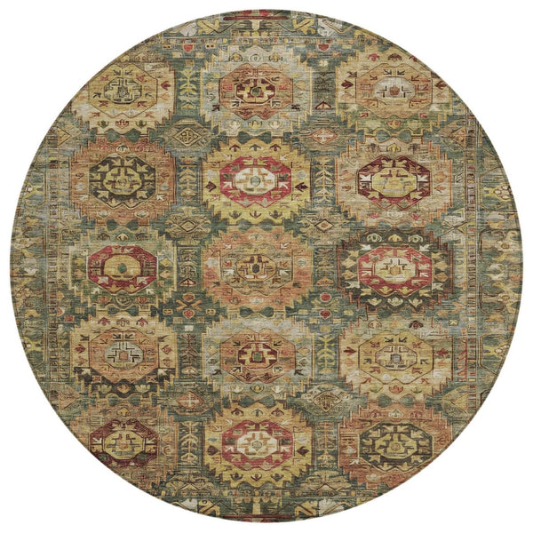 HomeRoots 8' Elegant Artichoke Green and Gold Round Medallion Rug - Washable for Indoor & Outdoor Use! 629433