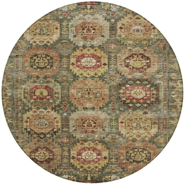 HomeRoots 8' Elegant Artichoke Green and Gold Round Medallion Rug - Washable for Indoor & Outdoor Use! 629433