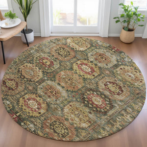 HomeRoots 8' Elegant Artichoke Green and Gold Round Medallion Rug - Washable for Indoor & Outdoor Use! 629433