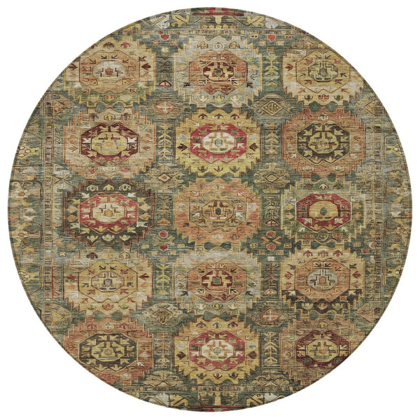 HomeRoots 8' Elegant Artichoke Green and Gold Round Medallion Rug - Washable for Indoor & Outdoor Use! 629433