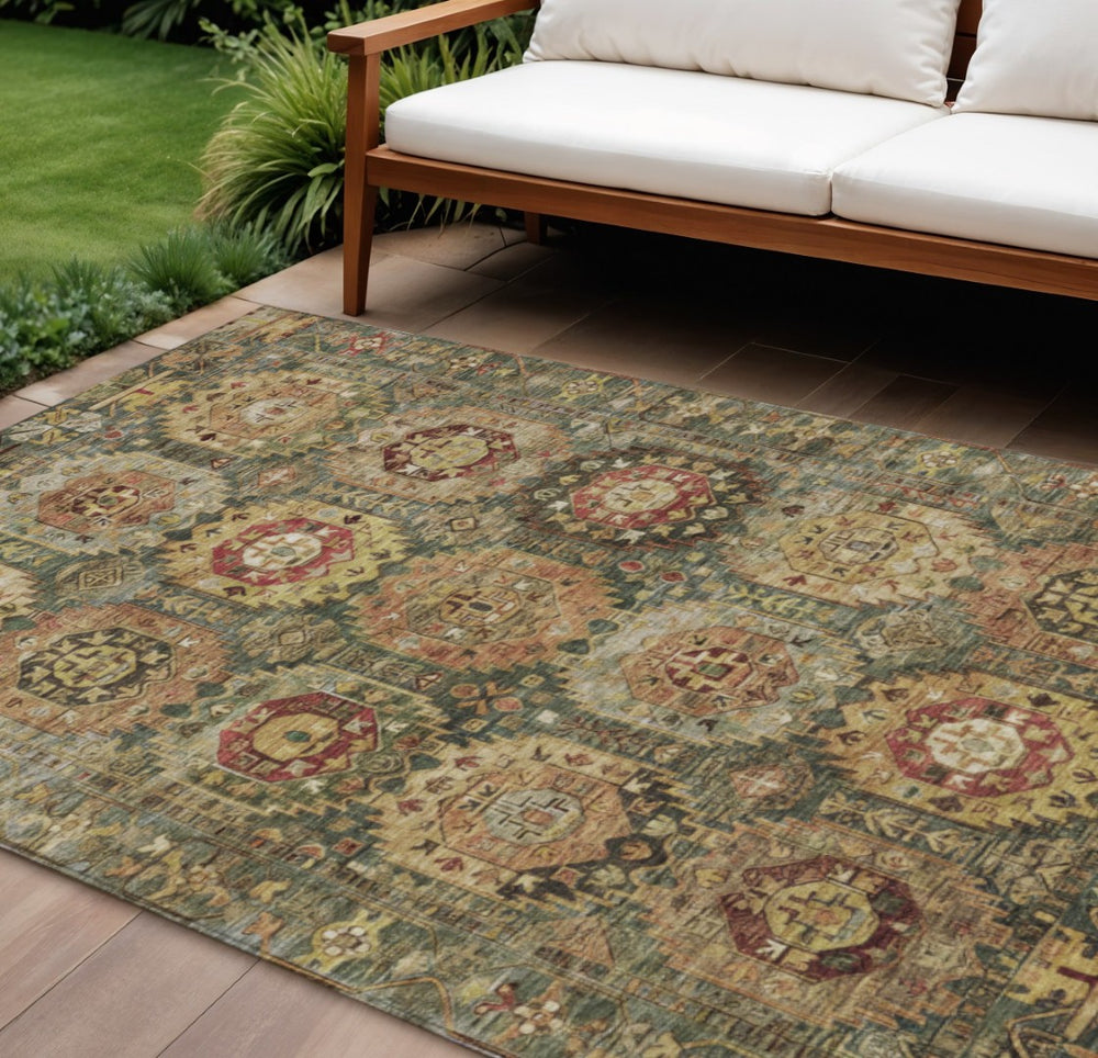 HomeRoots 8' X 10' Elegant Artichoke Green Gold Beige Medallion Rug - Washable, Durable for Indoor & Outdoor Use 629434