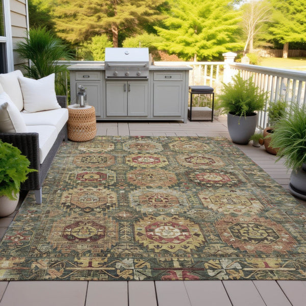 HomeRoots 8' X 10' Elegant Artichoke Green Gold Beige Medallion Rug - Washable, Durable for Indoor & Outdoor Use 629434