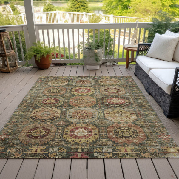 HomeRoots 8' X 10' Elegant Artichoke Green Gold Beige Medallion Rug - Washable, Durable for Indoor & Outdoor Use 629434