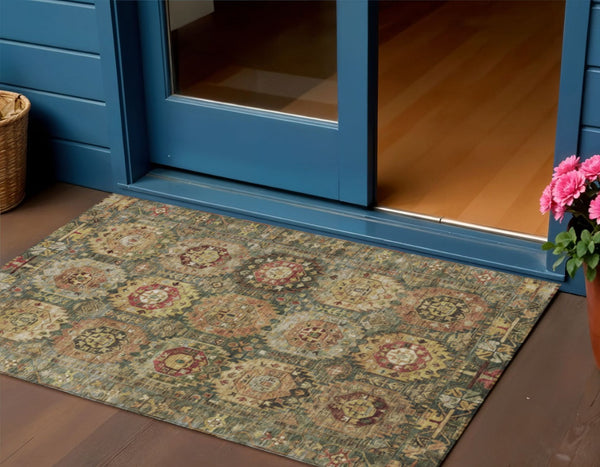 HomeRoots 10' X 14' Artichoke Green Gold Beige Medallion Rug - Washable, Durable, Versatile for Indoor/Outdoor Use! 629436