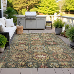 HomeRoots 10' X 14' Artichoke Green Gold Beige Medallion Rug - Washable, Durable, Versatile for Indoor/Outdoor Use! 629436