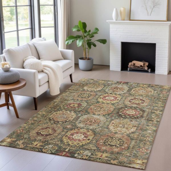 HomeRoots 10' X 14' Artichoke Green Gold Beige Medallion Rug - Washable, Durable, Versatile for Indoor/Outdoor Use! 629436