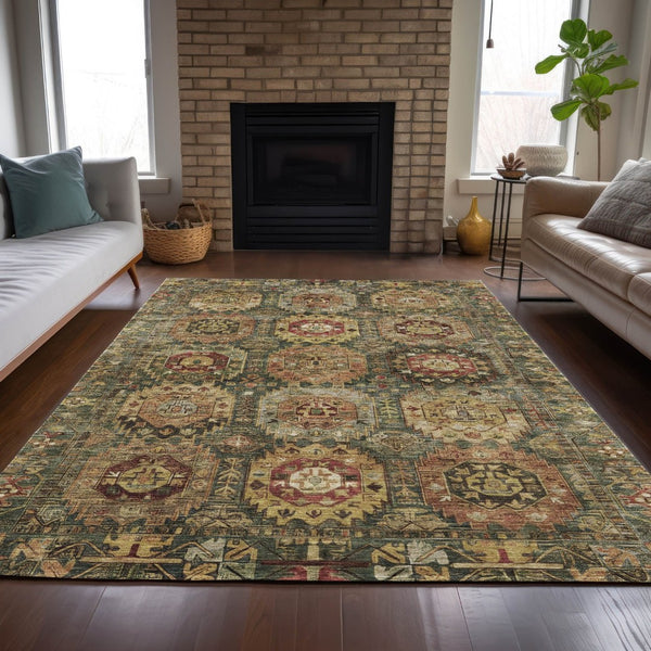 HomeRoots 10' X 14' Artichoke Green Gold Beige Medallion Rug - Washable, Durable, Versatile for Indoor/Outdoor Use! 629436