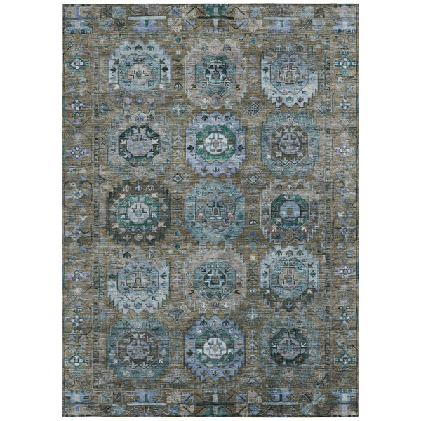 HomeRoots 5' X 8' Medallion Area Rug - Brown, Gray & Teal Blue Washable Rug for Indoor/Outdoor Spaces 629438