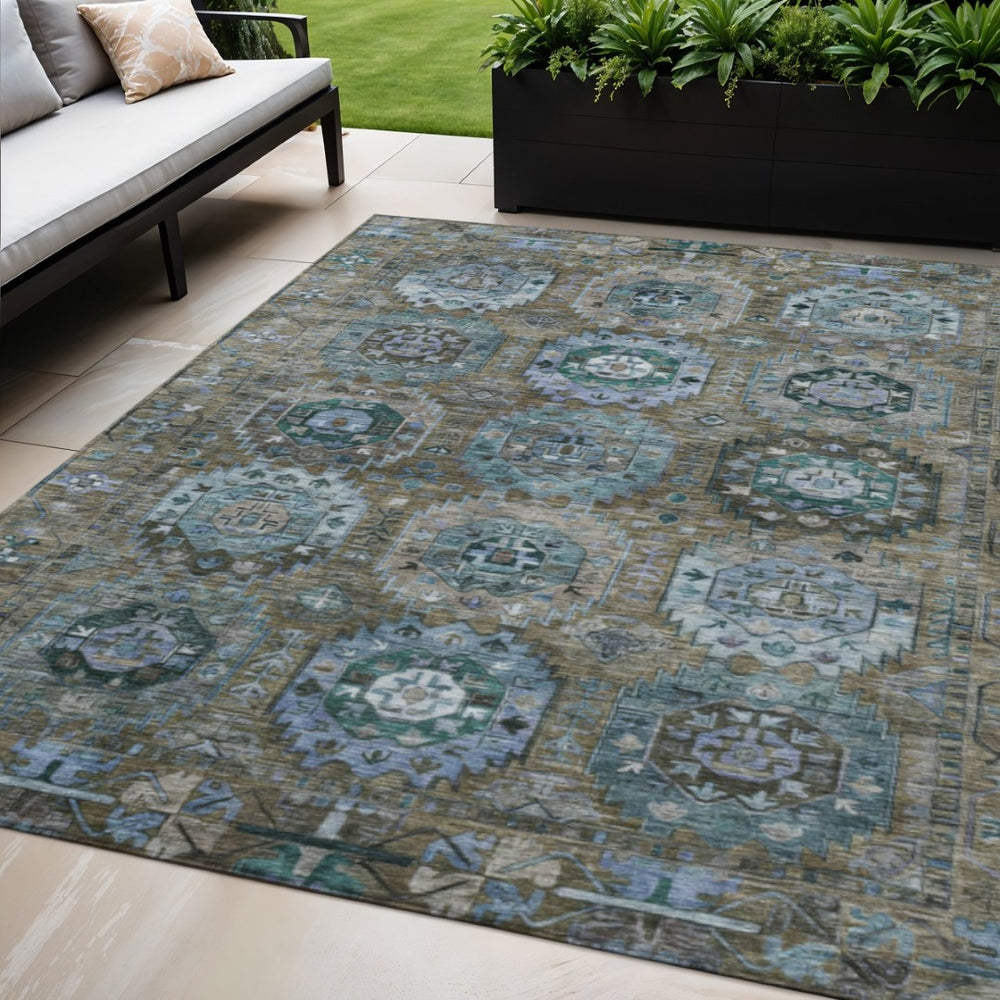 HomeRoots 5' X 8' Medallion Area Rug - Brown, Gray & Teal Blue Washable Rug for Indoor/Outdoor Spaces 629438