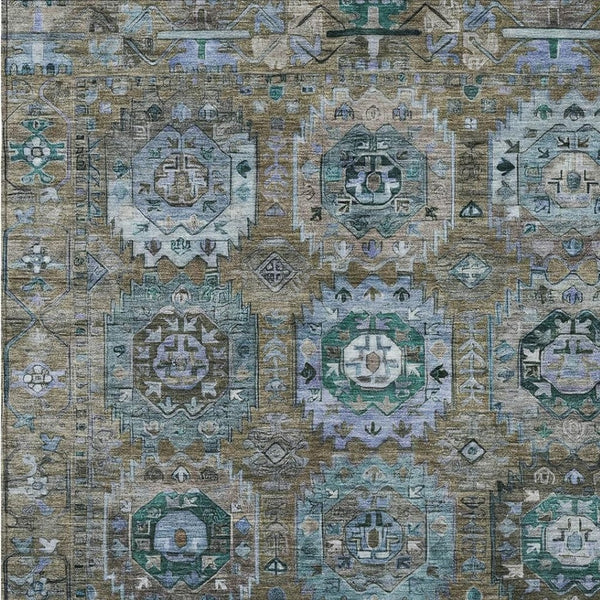 HomeRoots 5' X 8' Medallion Area Rug - Brown, Gray & Teal Blue Washable Rug for Indoor/Outdoor Spaces 629438