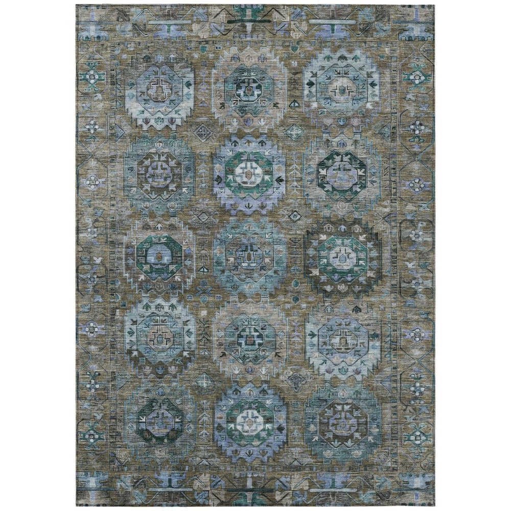 HomeRoots 5' X 8' Medallion Area Rug - Brown, Gray & Teal Blue Washable Rug for Indoor/Outdoor Spaces 629438