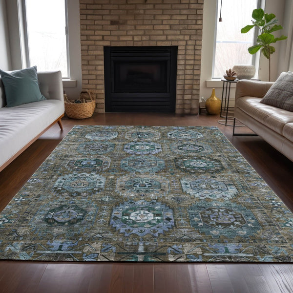 HomeRoots 5' X 8' Medallion Area Rug - Brown, Gray & Teal Blue Washable Rug for Indoor/Outdoor Spaces 629438