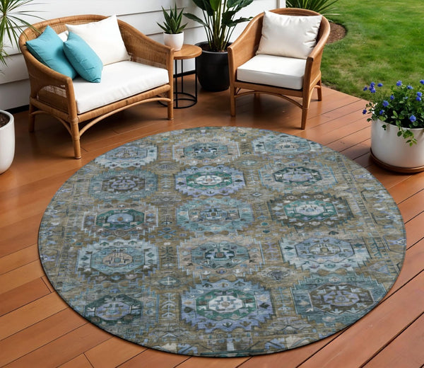HomeRoots 8' Round Medallion Rug in Brown, Gray & Teal Blue - Washable Indoor/Outdoor Durable Design for All Spaces 629439
