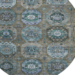 HomeRoots 8' Round Medallion Rug in Brown, Gray & Teal Blue - Washable Indoor/Outdoor Durable Design for All Spaces 629439
