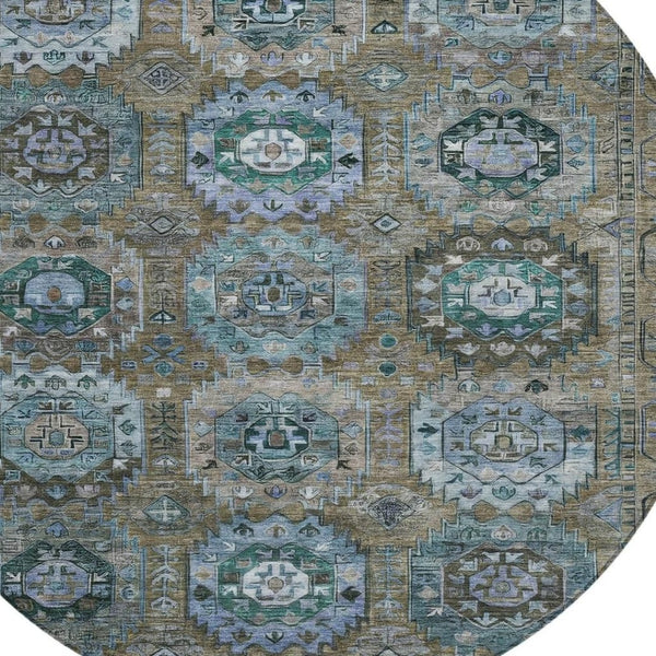 HomeRoots 8' Round Medallion Rug in Brown, Gray & Teal Blue - Washable Indoor/Outdoor Durable Design for All Spaces 629439