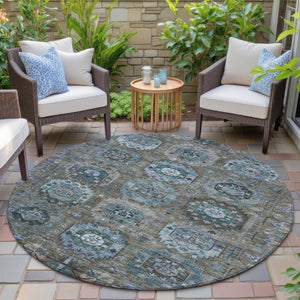 HomeRoots 8' Round Medallion Rug in Brown, Gray & Teal Blue - Washable Indoor/Outdoor Durable Design for All Spaces 629439