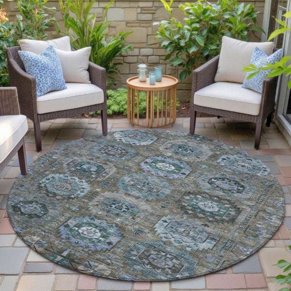 HomeRoots 8' Round Medallion Rug in Brown, Gray & Teal Blue - Washable Indoor/Outdoor Durable Design for All Spaces 629439