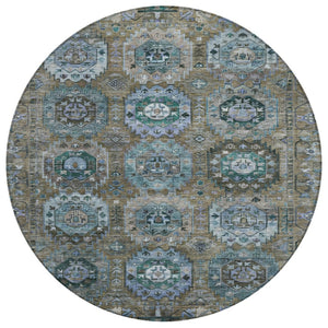 HomeRoots 8' Round Medallion Rug in Brown, Gray & Teal Blue - Washable Indoor/Outdoor Durable Design for All Spaces 629439