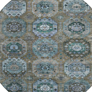 HomeRoots 8' Round Medallion Rug in Brown, Gray & Teal Blue - Washable Indoor/Outdoor Durable Design for All Spaces 629439