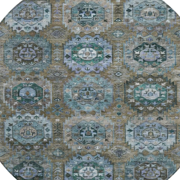 HomeRoots 8' Round Medallion Rug in Brown, Gray & Teal Blue - Washable Indoor/Outdoor Durable Design for All Spaces 629439