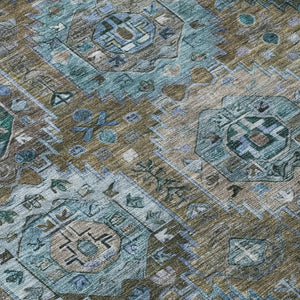 HomeRoots 8' Round Medallion Rug in Brown, Gray & Teal Blue - Washable Indoor/Outdoor Durable Design for All Spaces 629439