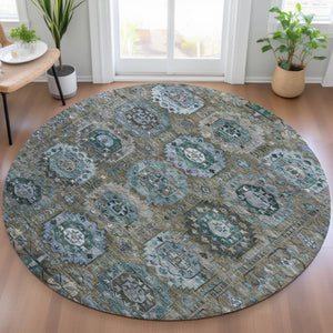 HomeRoots 8' Round Medallion Rug in Brown, Gray & Teal Blue - Washable Indoor/Outdoor Durable Design for All Spaces 629439
