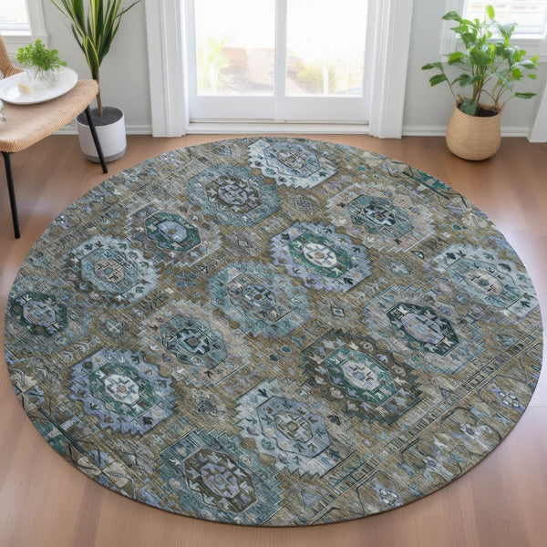 HomeRoots 8' Round Medallion Rug in Brown, Gray & Teal Blue - Washable Indoor/Outdoor Durable Design for All Spaces 629439