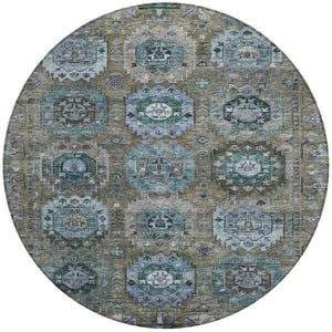 HomeRoots 8' Round Medallion Rug in Brown, Gray & Teal Blue - Washable Indoor/Outdoor Durable Design for All Spaces 629439