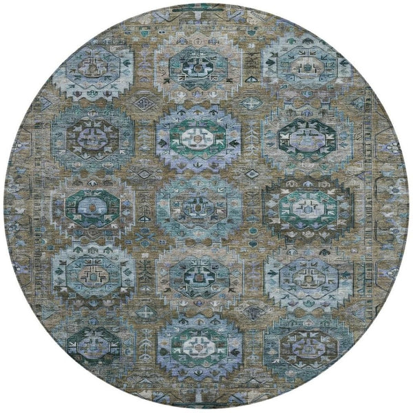HomeRoots 8' Round Medallion Rug in Brown, Gray & Teal Blue - Washable Indoor/Outdoor Durable Design for All Spaces 629439