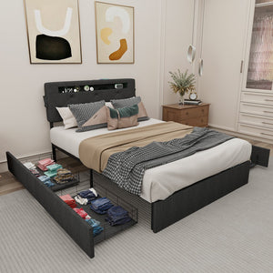 English Elm Queen Upholstered Bed Frame with Headboard, USB Charging, RGB LED Lights & 4 Storage Drawers, Dark Gray W1960P175566